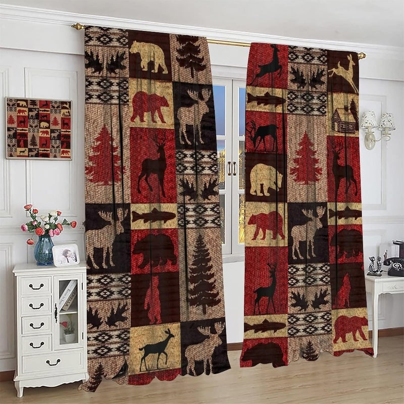 Kazynee Vintage Check Black Bear Rod Pocket Blackout Curtains for Bedroom - Rustic Country Farmhouse Cabin Elk Tree Plaid Window Drapes,Thermal Insulated Room Darkening Curtains 2 Panels 54L x 21W - Image 4